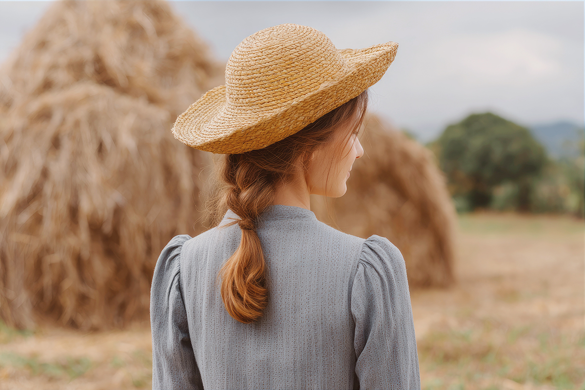 Woman in straw hat back view wearing blue dress with braided hai