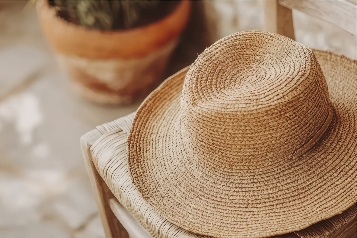 Woman in straw hat back view wearing blue dress with braided hai